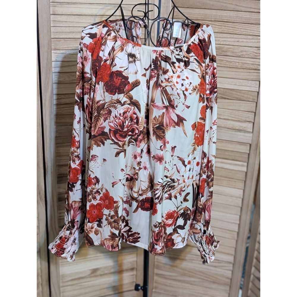 H & M White Long Sleeve Top w Orange/Red Floral Size 4 NWOT